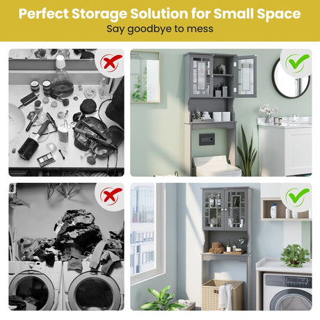 Over The Toilet Storage Cabinet with Double Tempered Glass Doors-Grey