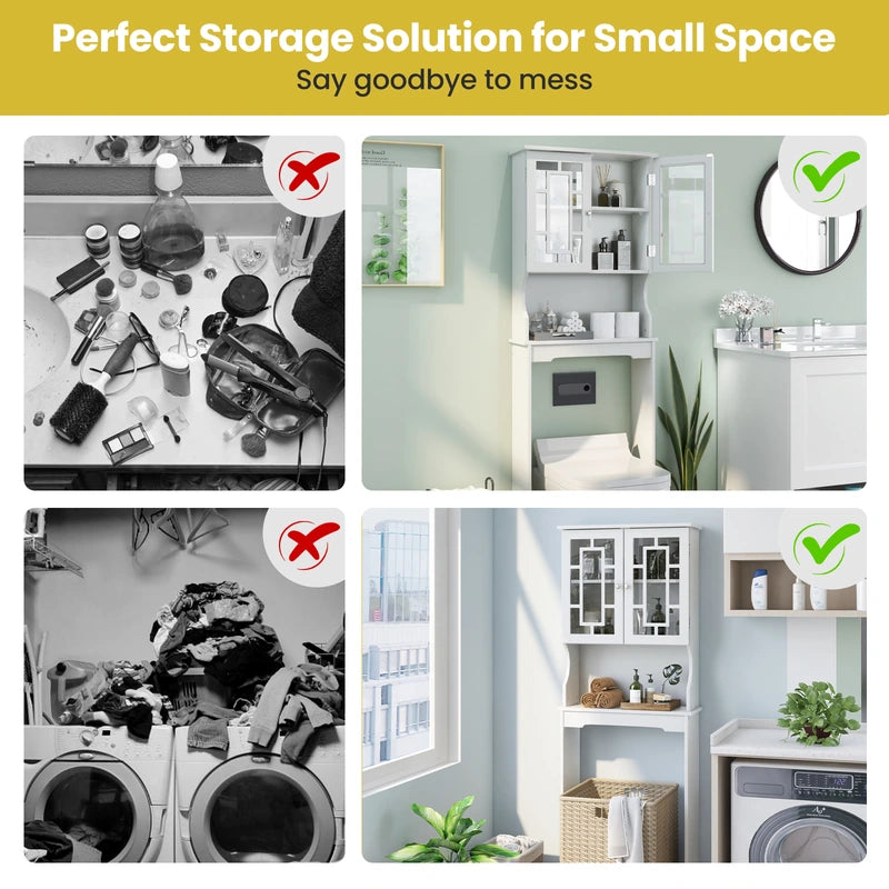 Over The Toilet Storage Cabinet with Double Tempered Glass Doors-White