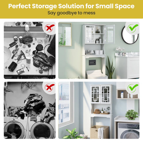 Over The Toilet Storage Cabinet with Double Tempered Glass Doors-White
