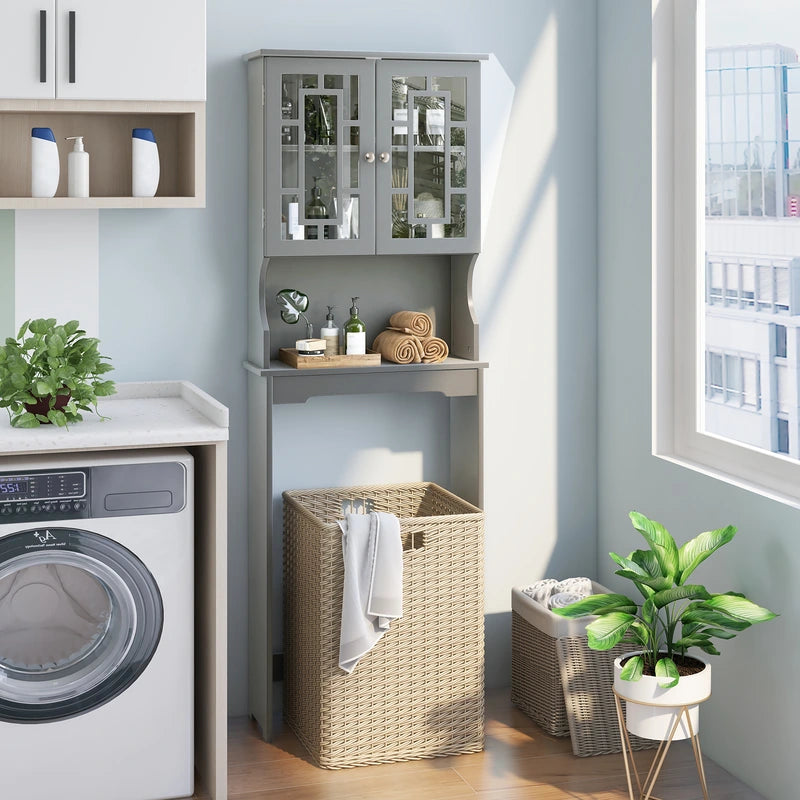 Over The Toilet Storage Cabinet with Double Tempered Glass Doors-Grey