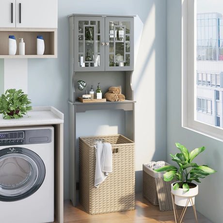Over The Toilet Storage Cabinet with Double Tempered Glass Doors-Grey