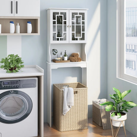 Over The Toilet Storage Cabinet with Double Tempered Glass Doors-White
