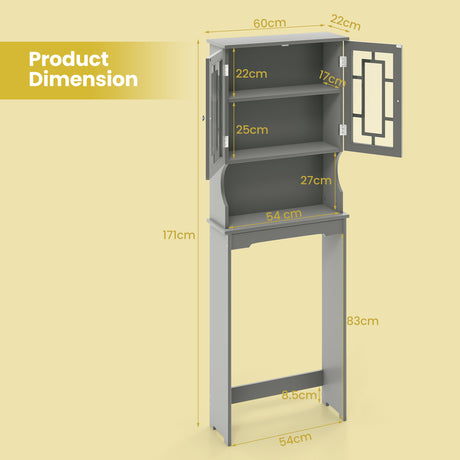 Over The Toilet Storage Cabinet with Double Tempered Glass Doors-Grey