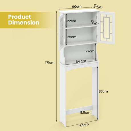 Over The Toilet Storage Cabinet with Double Tempered Glass Doors-White
