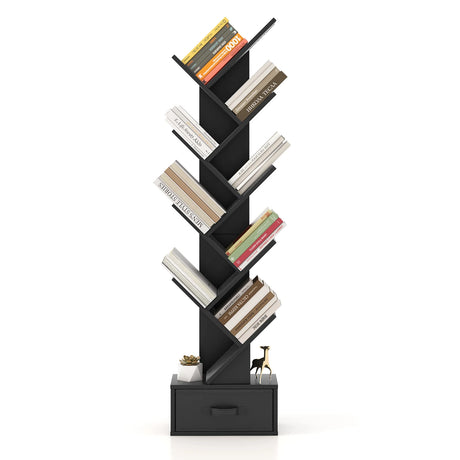 10 Tier Tree Bookshelf with Drawer Floor Standing Storage Rack Black