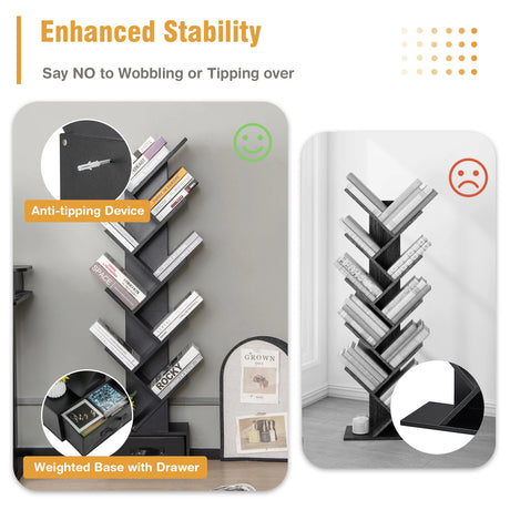 10 Tier Tree Bookshelf with Drawer Floor Standing Storage Rack Black