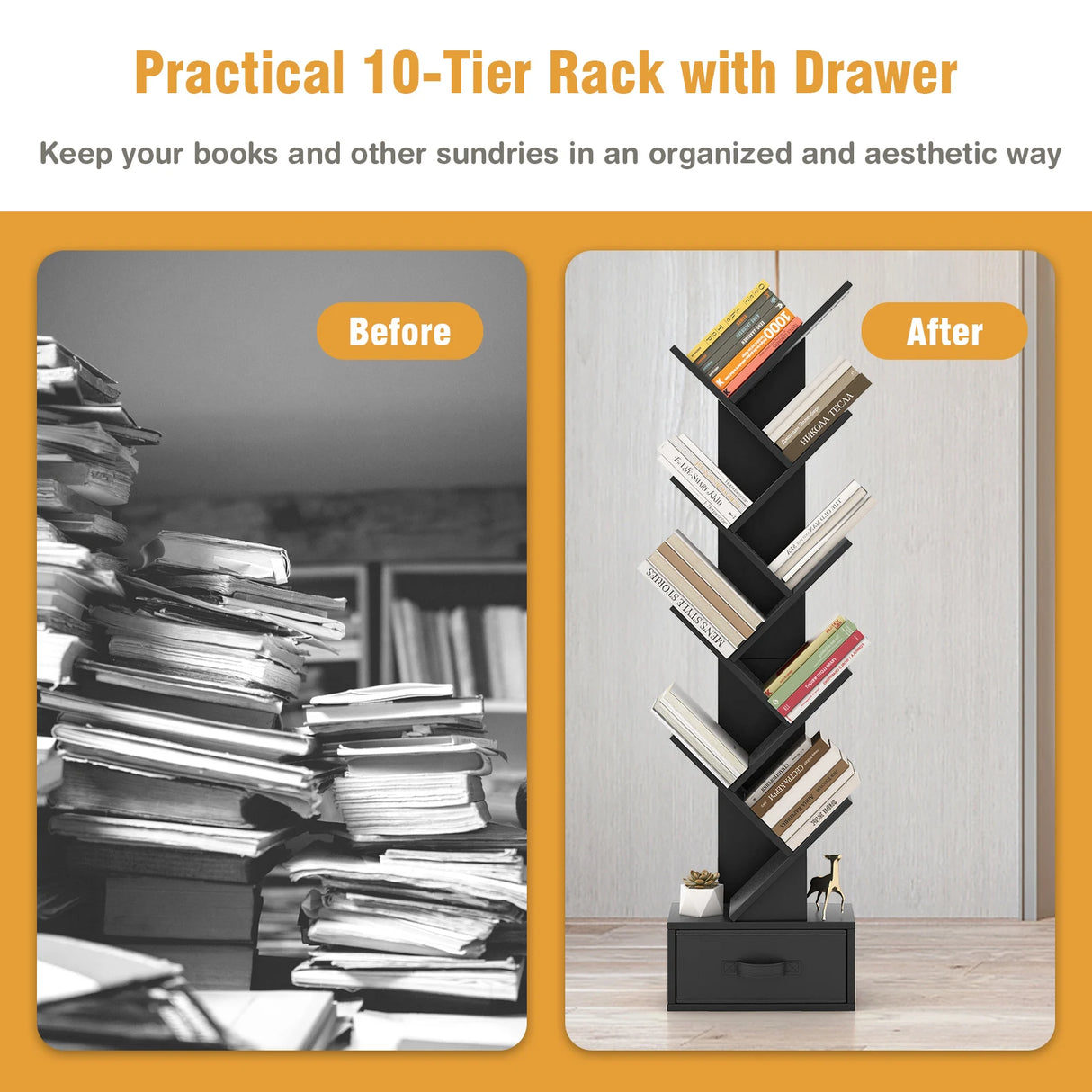 10 Tier Tree Bookshelf with Drawer Floor Standing Storage Rack Black