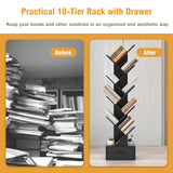 10 Tier Tree Bookshelf with Drawer Floor Standing Storage Rack Black
