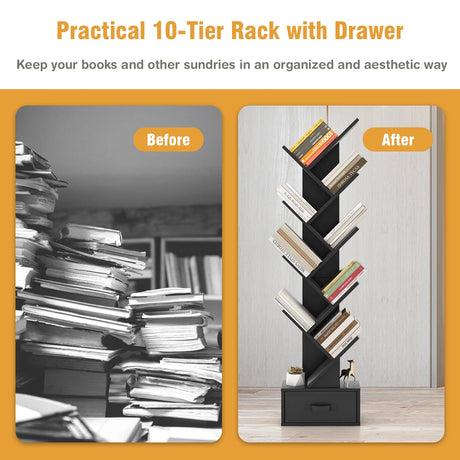 10 Tier Tree Bookshelf with Drawer Floor Standing Storage Rack Black