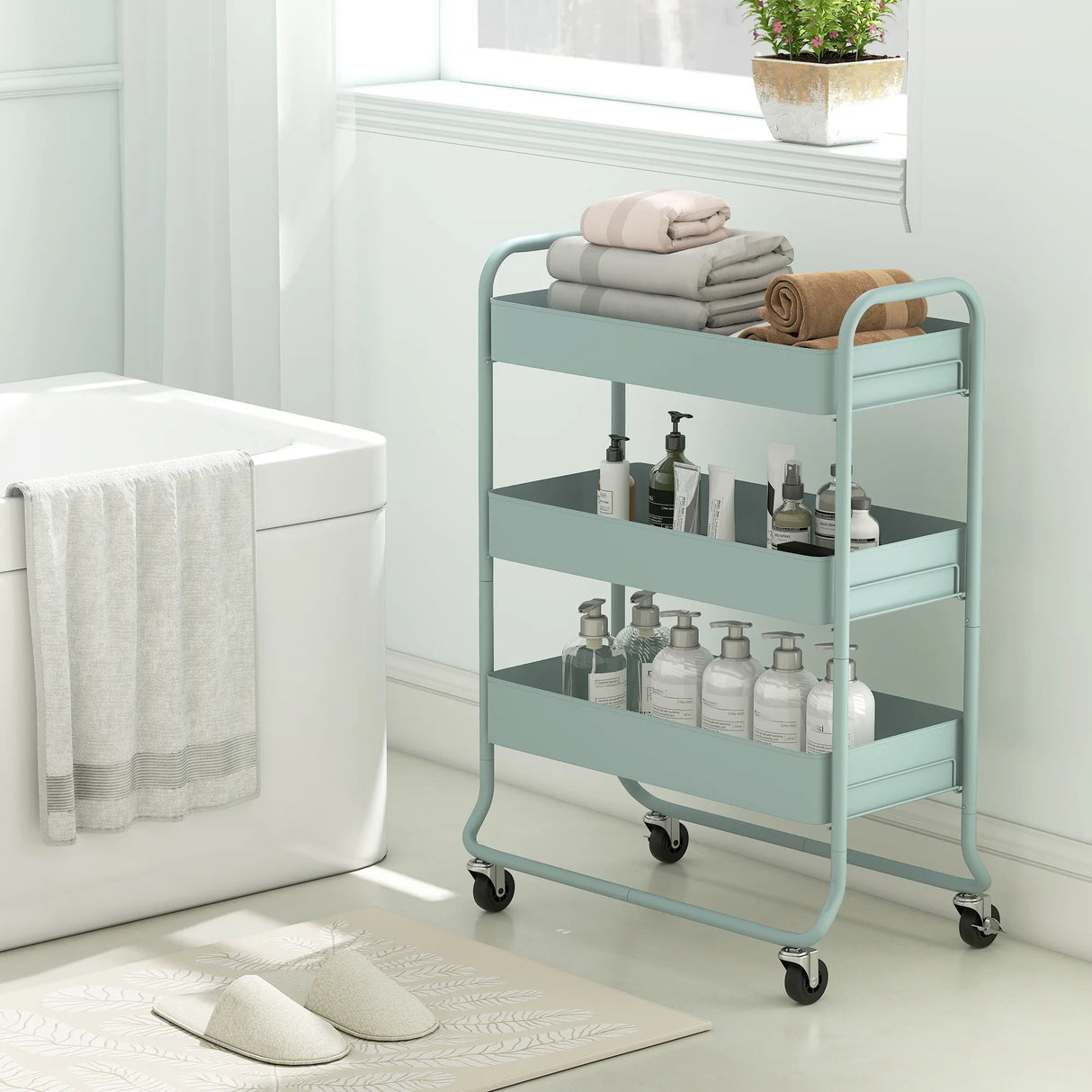 HOMCOM 3-Tier Storage Trolley on Wheels, Rolling Utility Cart with Mesh Backets for Kitchen, Bathroom, Bedroom, Light Green