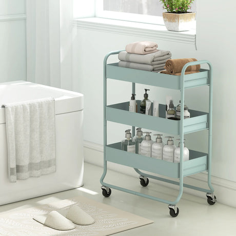 HOMCOM 3-Tier Storage Trolley on Wheels, Rolling Utility Cart with Mesh Backets for Kitchen, Bathroom, Bedroom, Light Green