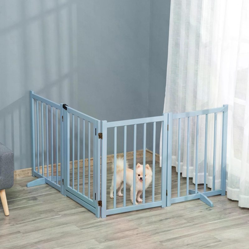 PawHut Pet Gate Wooden Foldable Dog Safety Barrier w/ 4 Panels for Small and Medium Dogs Blue