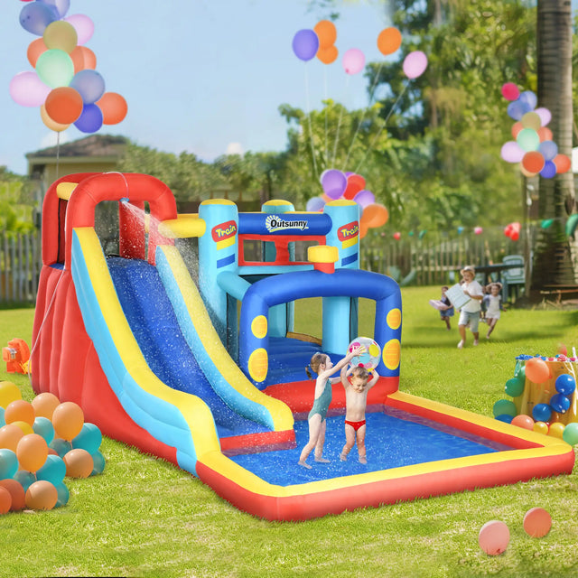 Outsunny 4-in-1 Bouncy Castle, with Slide, Trampoline, Climbing Wall, Blower, Multicoloured