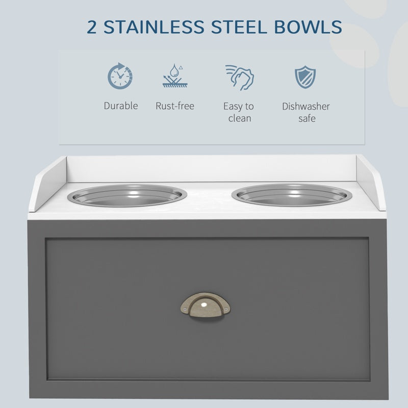 PawHut Stainless Steel Raised Dog Bowls, with 21L Storage Drawer for Large Dogs - Grey