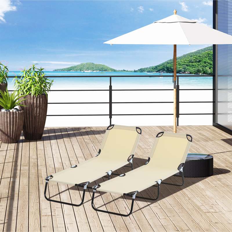 Outsunny 2 Piece Foldable Sun Loungers with 5-Position Adjustable Backrest, Outdoor Portable Recliner Chaise Lounge Chairs with Breathable Mesh Fabric, Beige