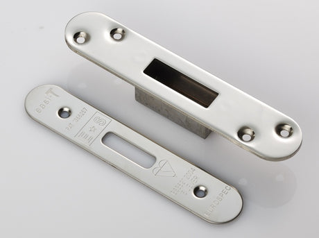 FOREND STRIKE & FIXING PACK TO SUIT BS 5 LEVER DEADLOCK - RADIUS - BRIGHT STAINLESS STEEL - PACK