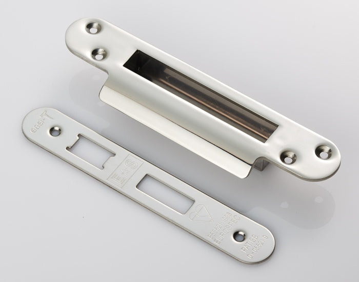 FOREND STRIKE & FIXING PACK TO SUIT BS 5 LEVER SASH LOCK - RADIUS - BRIGHT STAINLESS STEEL - PACK