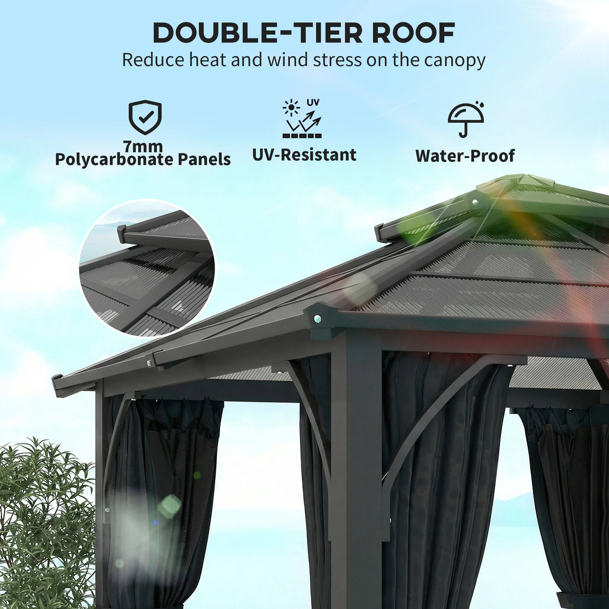Outsunny 2.5 x 2.5 m Hardtop Gazebo Canopy with 7mm PC Roof, Garden Gazebo Permanent Pavilion with Netting, Curtains, Dark Grey
