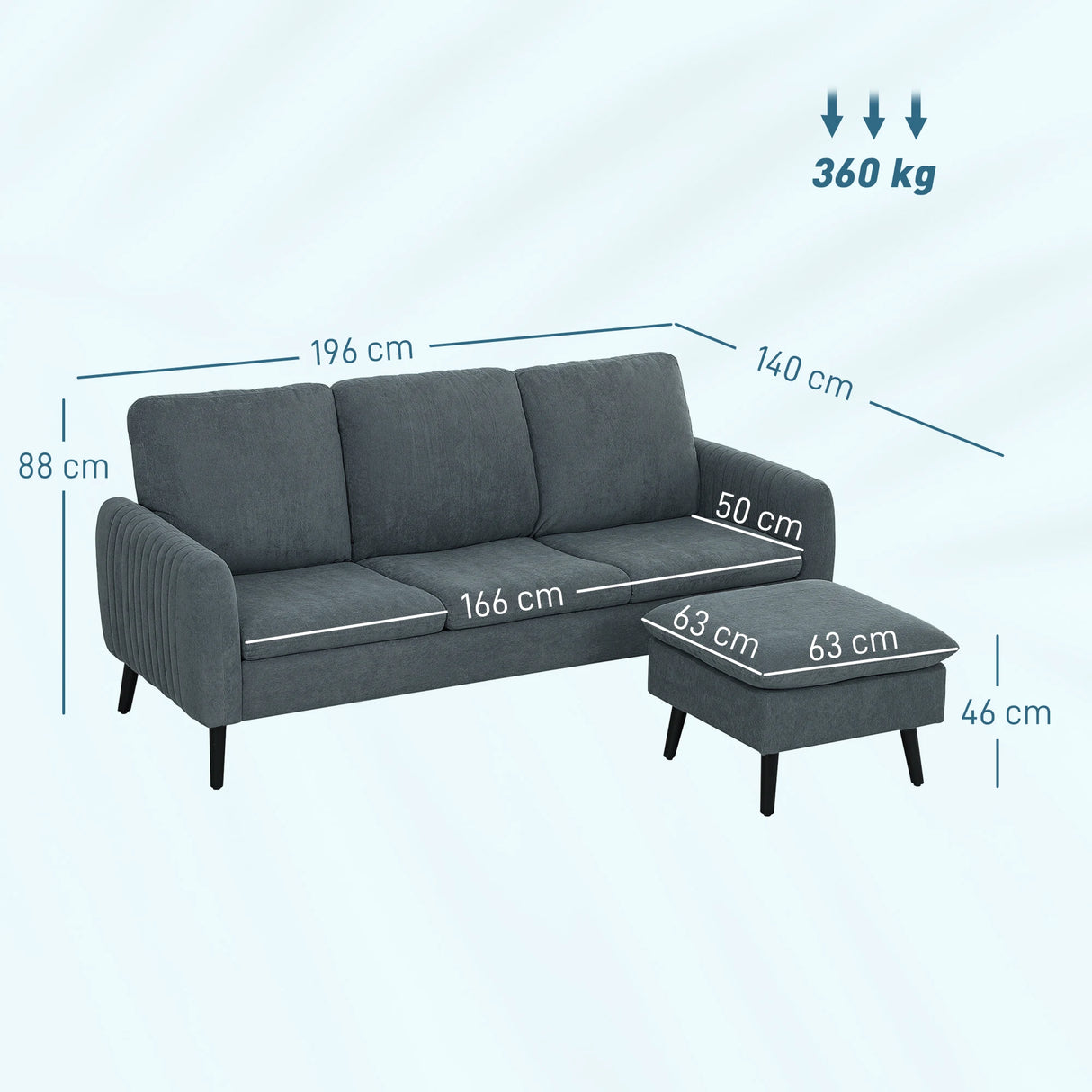 HOMCOM 3 Seater Sofa with Ottoman, 196cm Corduroy L-shaped Sofa Couch with Scatter Back, Reversible Chaise Lounge for Living Room, Home Office, Small Spaces, Charcoal Grey