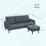 HOMCOM 3 Seater Sofa with Ottoman, 196cm Corduroy L-shaped Sofa Couch with Scatter Back, Reversible Chaise Lounge for Living Room, Home Office, Small Spaces, Charcoal Grey