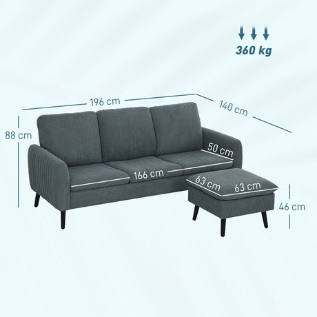 HOMCOM 3 Seater Sofa with Ottoman, 196cm Corduroy L-shaped Sofa Couch with Scatter Back, Reversible Chaise Lounge for Living Room, Home Office, Small Spaces, Charcoal Grey