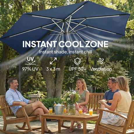 Outsunny 3 m Garden Cantilever Parasol with LED Solar Light, Round Overhanging Umbrella with 360 Rotation, Cover, Navy Blue