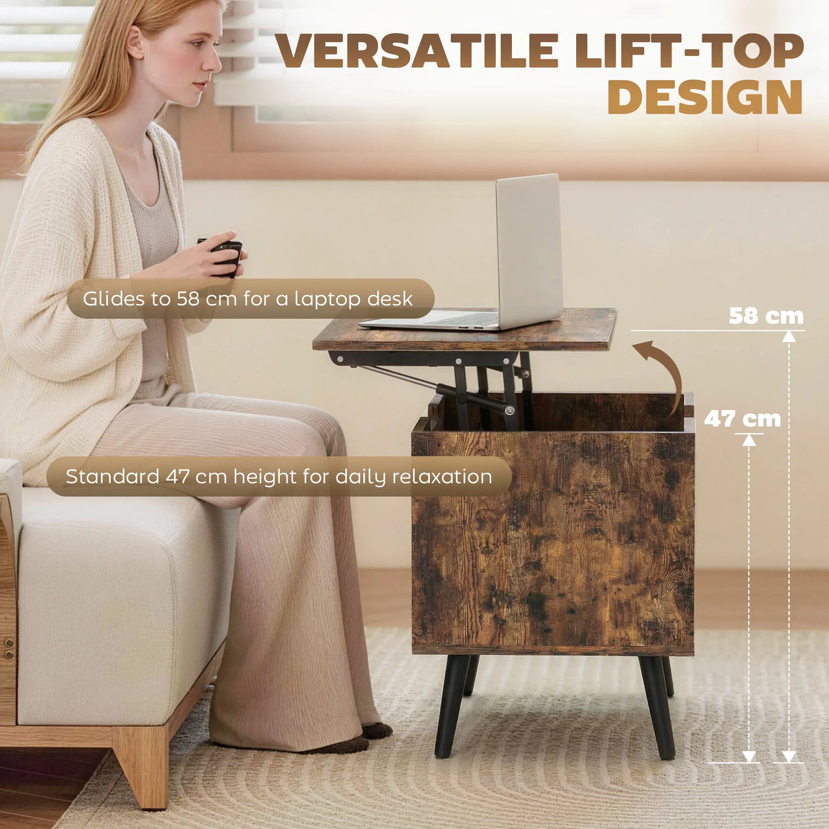 HOMCOM Lift Top Coffee Table with Hidden Storage Living Room Table Metal Legs 75 cm Rustic Brown