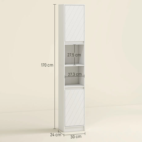 HOMCOM Narrow Bathroom Cabinet, Slim Bathroom Storage Unit with Open Compartment, Freestanding Storage Cupboard with Adjustable Shelves for Small Spaces, 30 x 24 x 170 cm, White