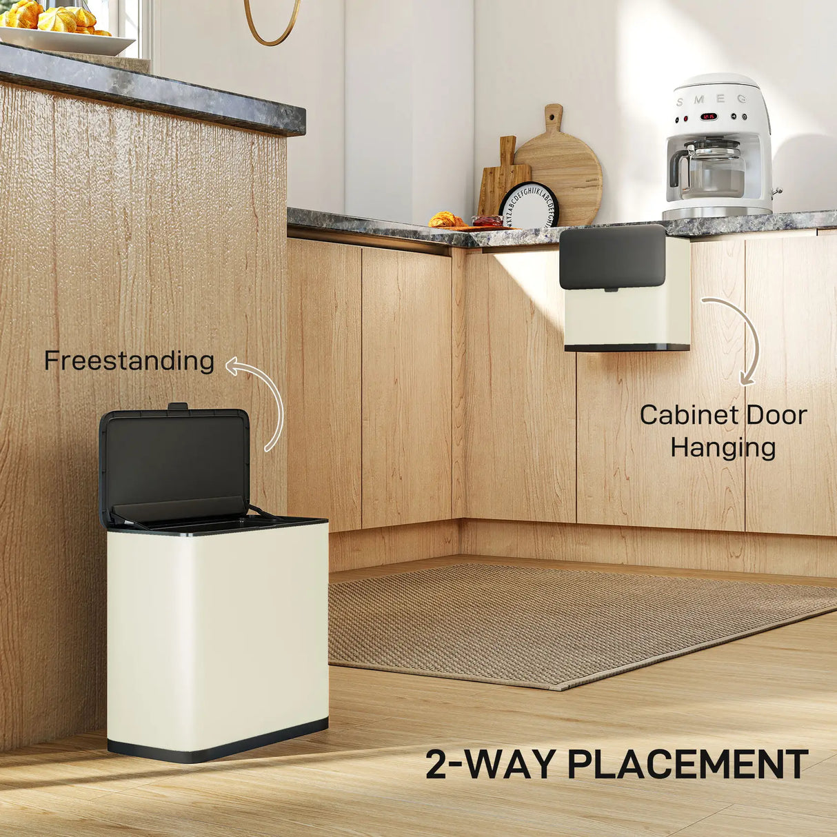 HOMCOM 8L Hanging Kitchen Bin, Rubbish bin with Lid and Removable Inner Bucket for Kitchen Cabinet Door, Under Sink, Office