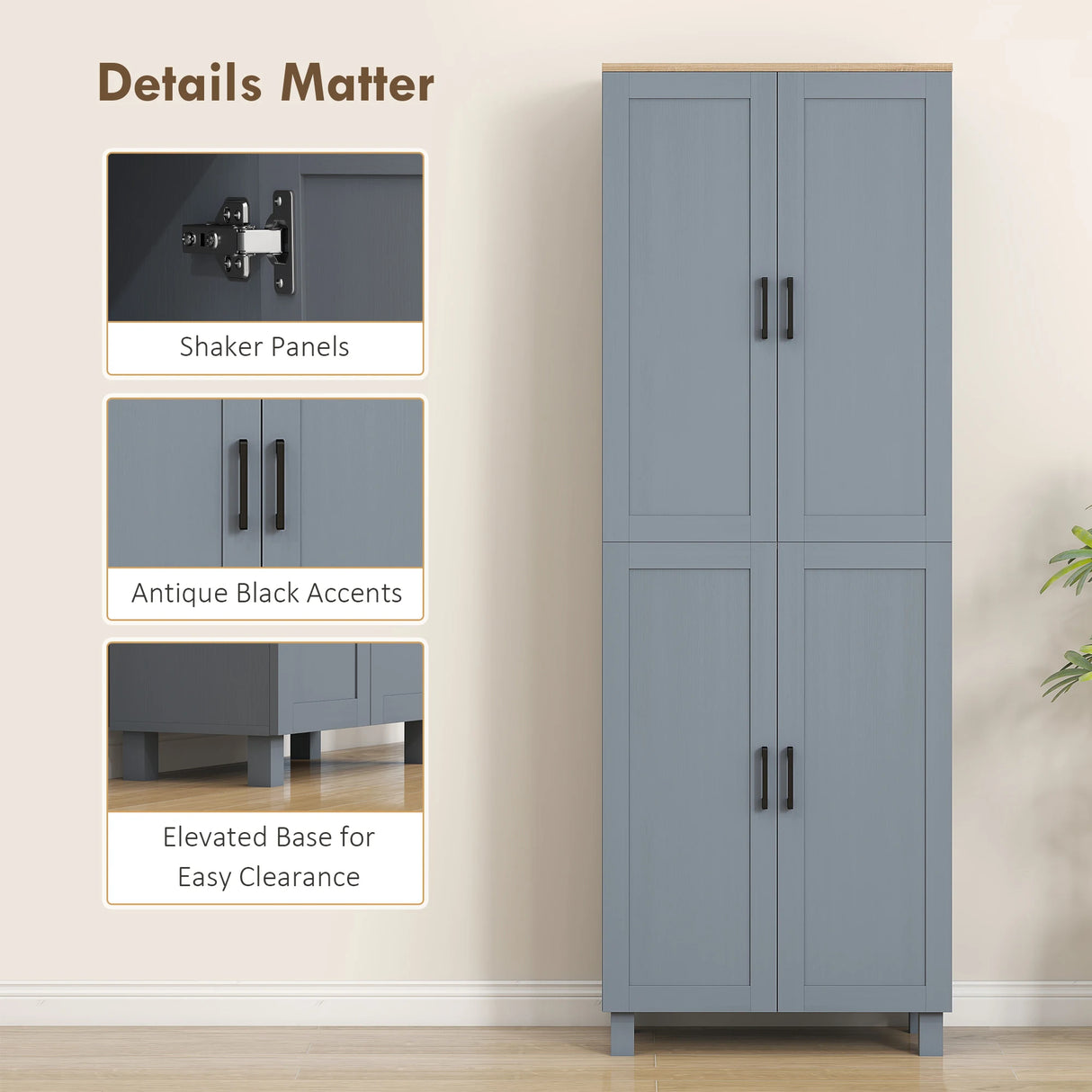 HOMCOM Freestanding Kitchen Cupboard, 4-Door Storage Cabinet with Adjustable Shelves, Modern Kitchen Pantry for Dining Room, 170cm, Grey Wood Effect
