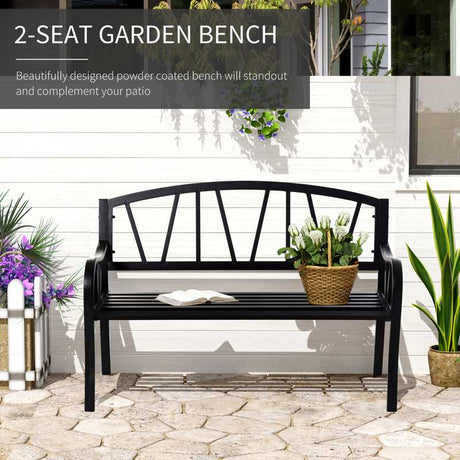 Outsunny 2-Seater Garden Bench Metal Loveseat w/ Decorative Backrest Ergonomic Armrest