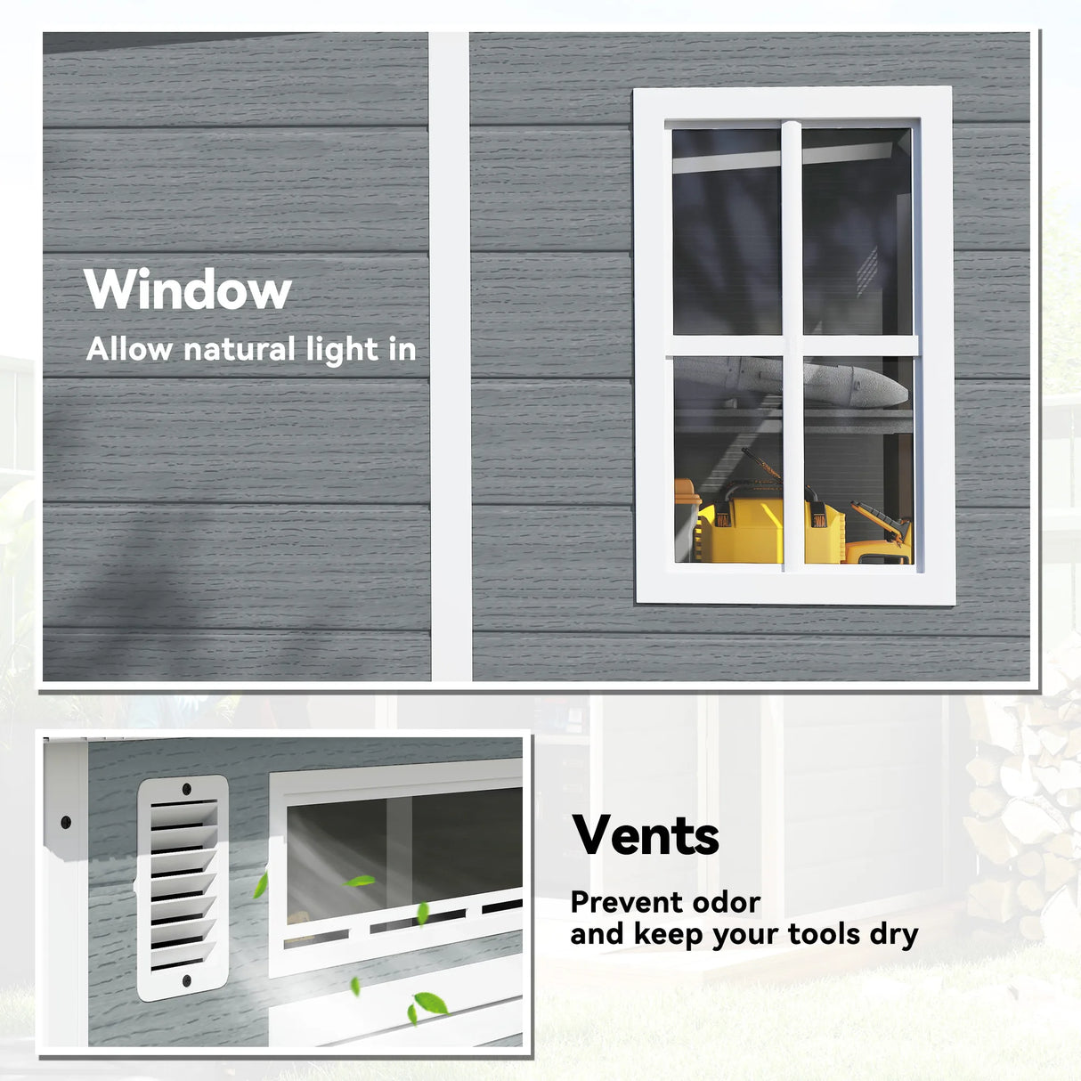 Outsunny 6 x 6 ft Plastic Garden Shed, Wood-Effect Outdoor Storage Shed with Floor, Windows, Lockable Doors and Vents, Grey