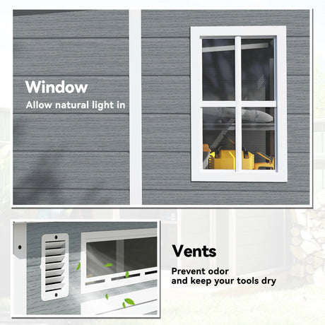 Outsunny 6 x 6 ft Plastic Garden Shed, Wood-Effect Outdoor Storage Shed with Floor, Windows, Lockable Doors and Vents, Grey