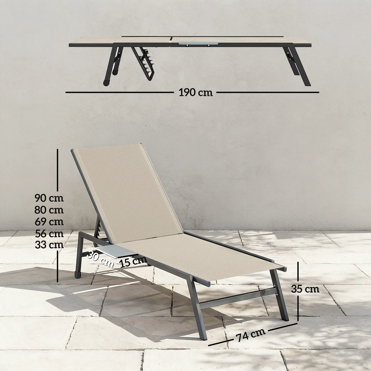 Outsunny Sun Loungers Set of 2 with Side Tray Table, Garden Recliners with 5-Position Adjustable Backrest, 2 Wheels, Khaki