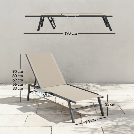 Outsunny Sun Loungers Set of 2 with Side Tray Table, Garden Recliners with 5-Position Adjustable Backrest, 2 Wheels, Khaki