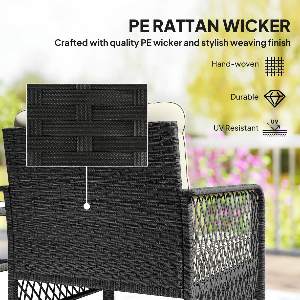 Outsunny 3 Pieces Rattan Bistro Set with Glass Top Coffee Table, Chairs and Cushions for Outdoor, Patio, Balcony, Cream