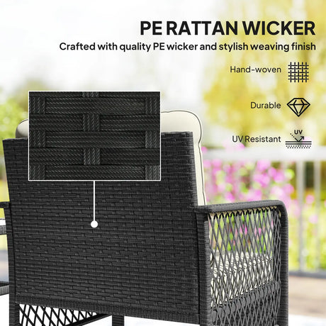Outsunny 3 Pieces Rattan Bistro Set with Glass Top Coffee Table, Chairs and Cushions for Outdoor, Patio, Balcony, Cream