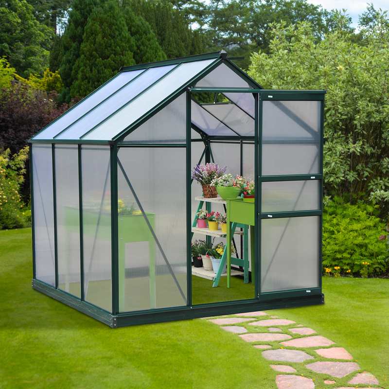 Outsunny 6 x 6ft Polycarbonate Greenhouse, Large Walk-In Green House with Slide Door and Window, Garden Plants Grow House with Aluminium Frame and Foundation, Dark Green