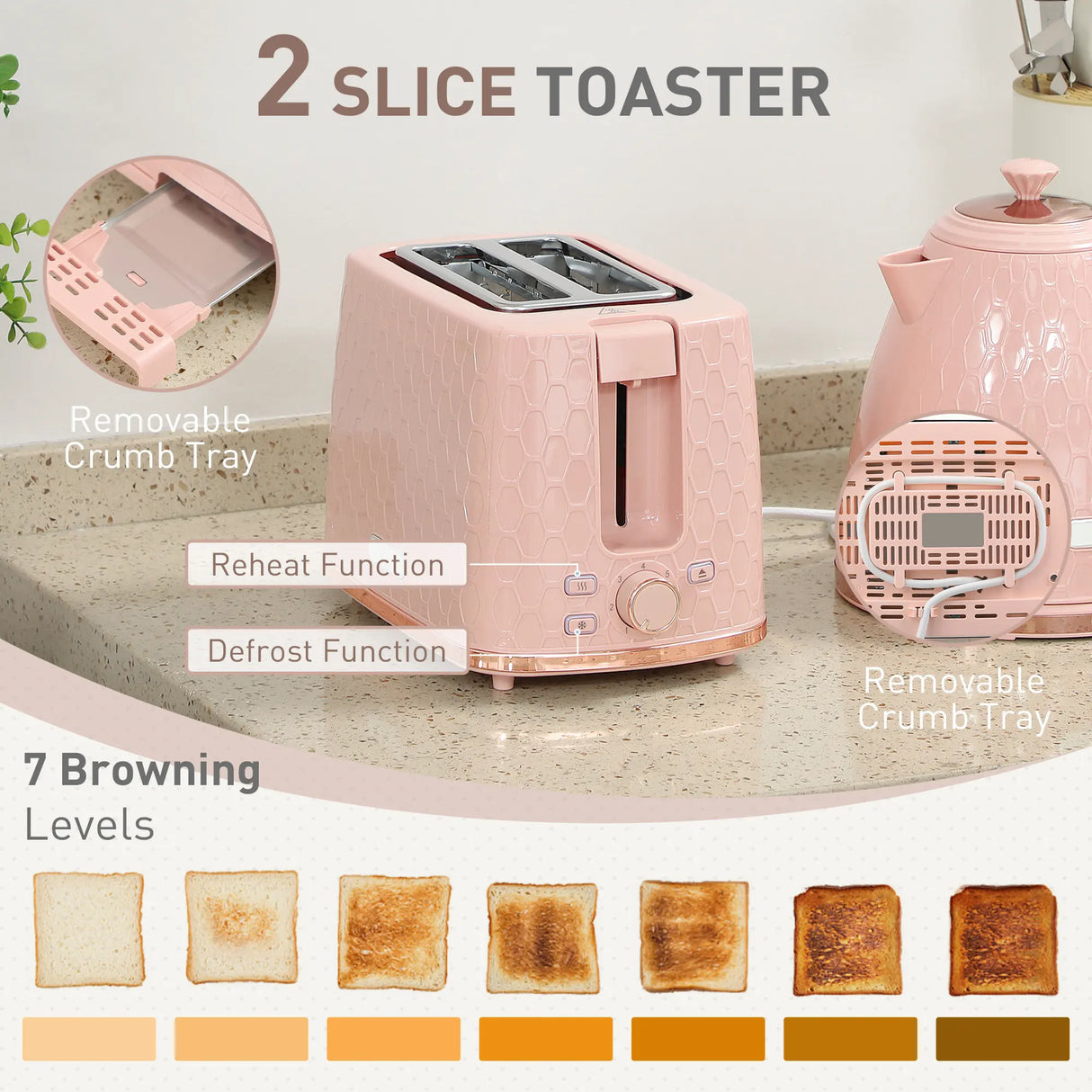 HOMCOM 1.7L 3000W Fast Boil Kettle & 2 Slice Toaster Set, Kettle and Toaster Set with Auto Shut Off, Browning Controls, Light Pink