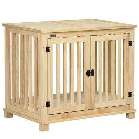 PawHut Wooden Dog Crate, with Double Doors, Cushion, for Medium Dogs - Natural Finish