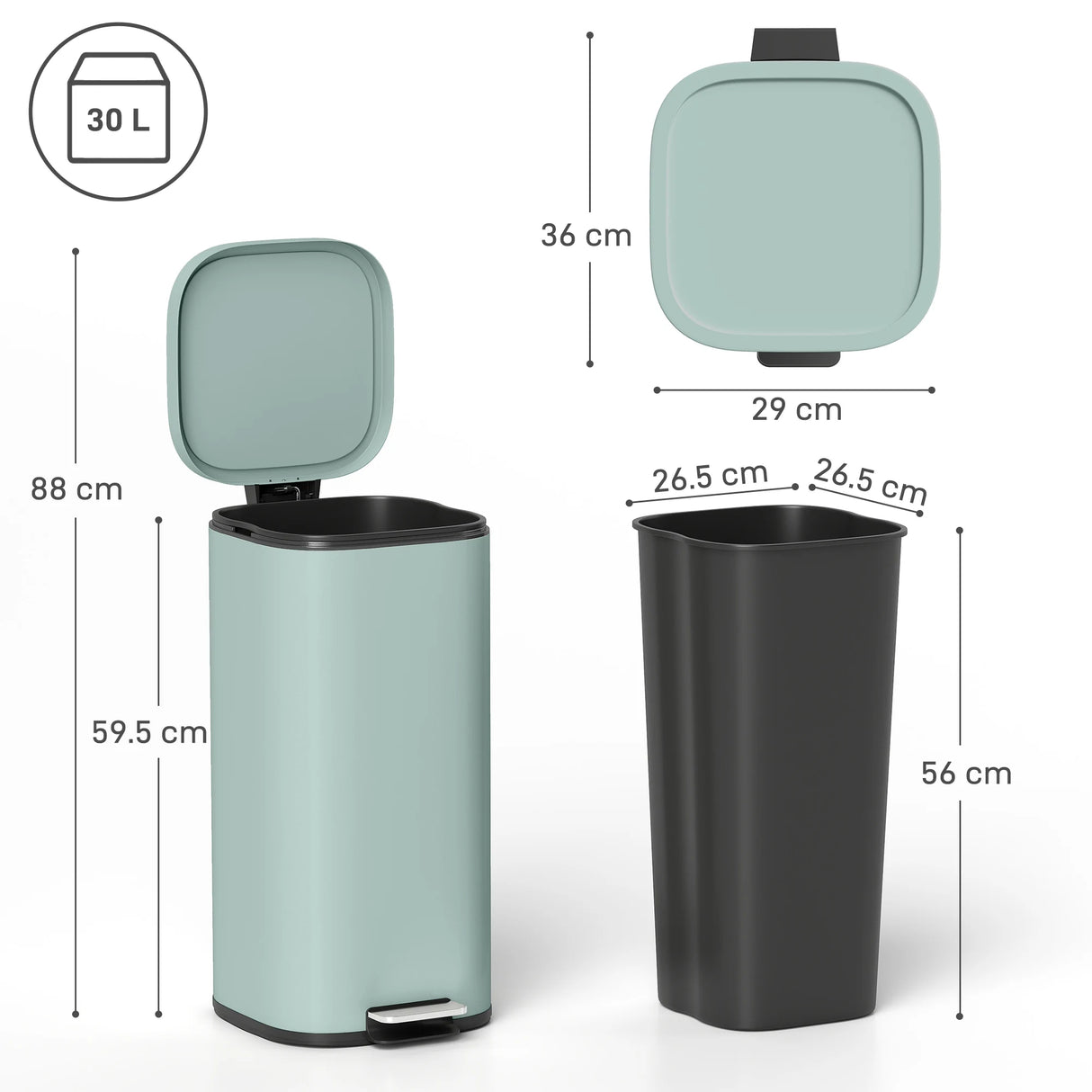 HOMCOM 30L Kitchen Bin, Compact Pedal Bin with Soft-Close and Stay-Open Lid, Removable Bucket for Kitchen, Home, Office, Green