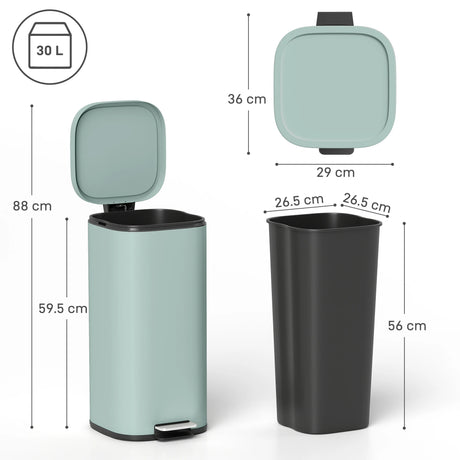 HOMCOM 30L Kitchen Bin, Compact Pedal Bin with Soft-Close and Stay-Open Lid, Removable Bucket for Kitchen, Home, Office, Green
