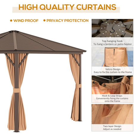 Outsunny 3 x 3(m) Metal Hardtop Gazebo, with Curtains and Accessories - Brown