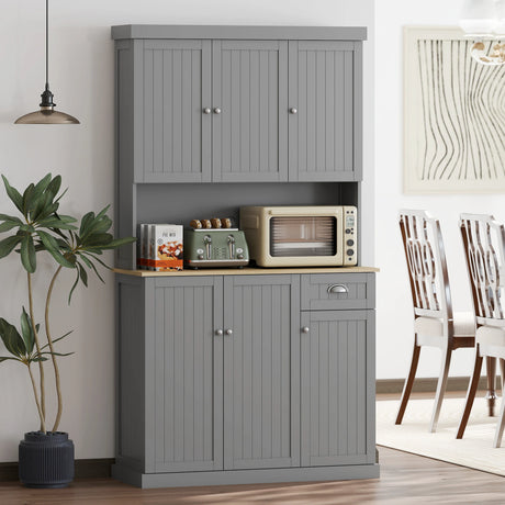 HOMCOM 180cm Freestanding Kitchen Cabinet, Modern Storage Cupboard with Open Countertop, Drawer and 6 Doors, Grey