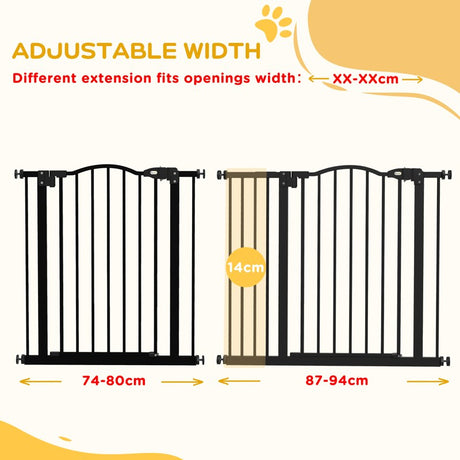 PawHut Metal 74-94cm Adjustable Pet Gate Safety Barrier w/ Auto-Close Door Black