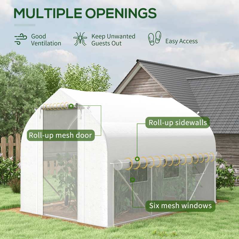 Outsunny 3 x 2(m) Walk-in Polytunnel Greenhouse, Zipped Roll Up Sidewalls, Mesh Door, 6 Mesh Windows, Tunnel Warm House Tent with PE Cover, Complimentary Plant Labels and Gloves, White