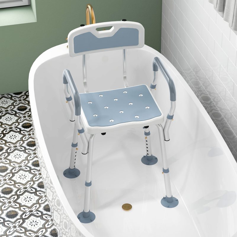 HOMCOM EVA Padded Shower Chair for the Elderly and Disabled, Height Adjustable Shower Stool with Back and Arms, 4 Suction Foot Pads, Light Blue