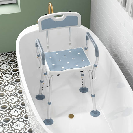 HOMCOM EVA Padded Shower Chair for the Elderly and Disabled, Height Adjustable Shower Stool with Back and Arms, 4 Suction Foot Pads, Light Blue