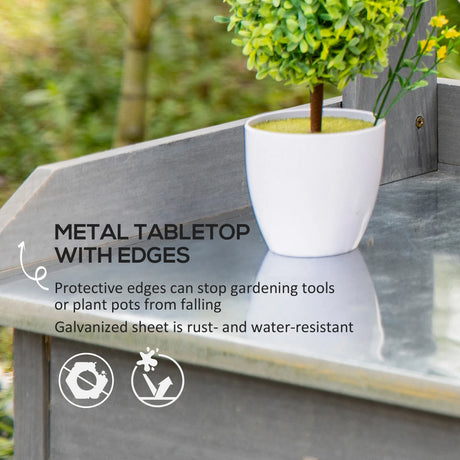 Outsunny Garden Potting Table with Storage, Workbench, Metal Top, Storage Shelves & Hooks for Patio, Courtyard, Wooden