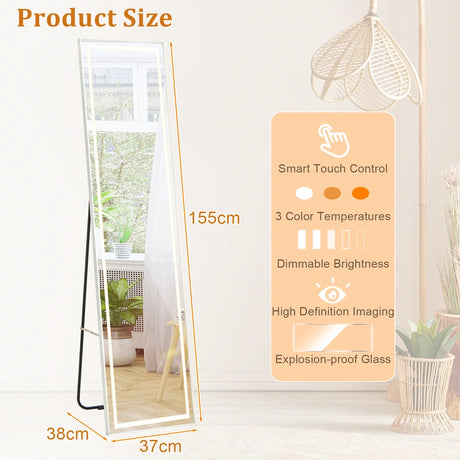 LED Lighted Full Length Mirror with Dimming and 3 Color Lighting-White